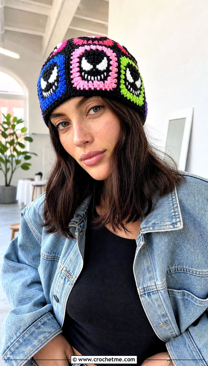 Granny Square Venom Crochet Beanie With Denim Jacket - 25 venom crochet beanie outfit ideas