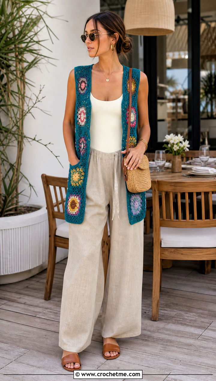 Granny Square Vest Cover Up With Linen Pants - 15 granny square swim cover up outfit ideas