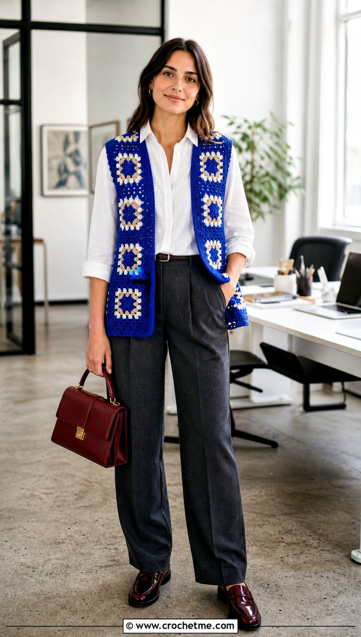 Granny Square Vest Cover Up With White Shirt And Trousers - 35 granny square cover up outfit ideas