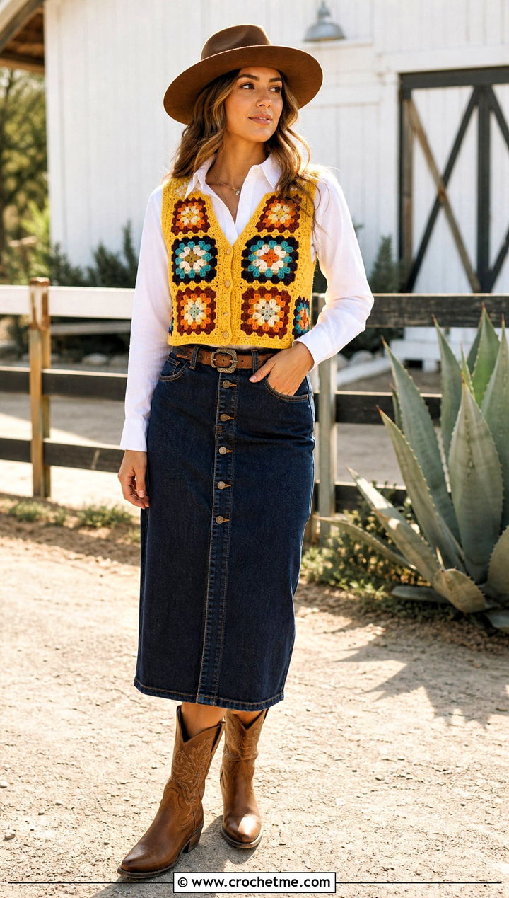 Granny Square Vest Cowgirl Costume With Denim Skirt - 15 Crochet Costume outfit ideas