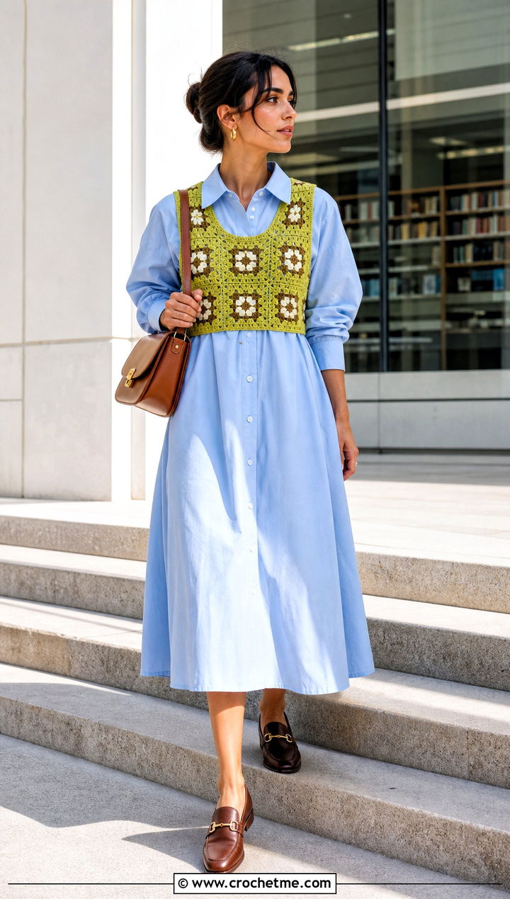 Granny Square Vest Crop Top With Poplin Dress - 25 Crochet Granny Crop Top outfit ideas