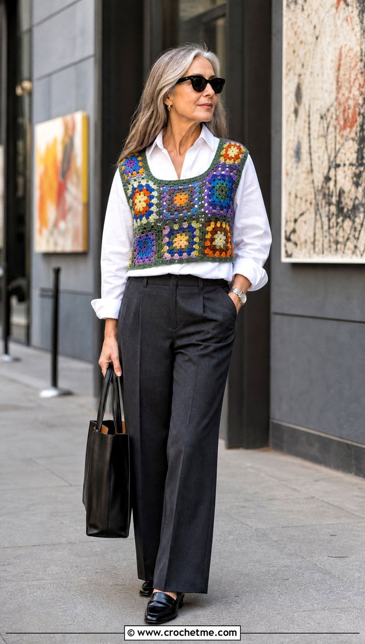 Granny Square Vest Crop Top With Poplin Shirt And Trousers - 20 quick crochet crop top outfit ideas