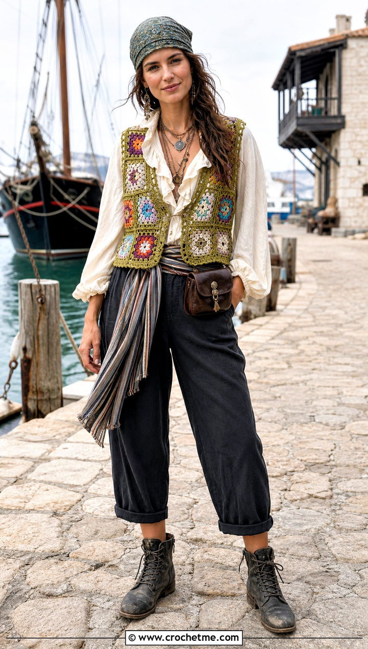 Granny Square Vest Pirate Costume With Ruffle Blouse - 30 crochet pirate costume outfit ideas