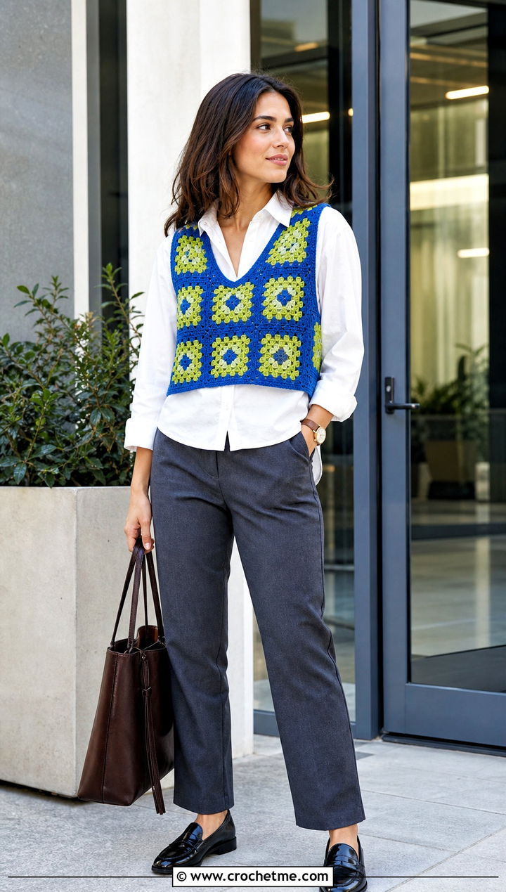 Granny Square Vest Top With Button Down Shirt - 25 Square Crochet Top outfit ideas