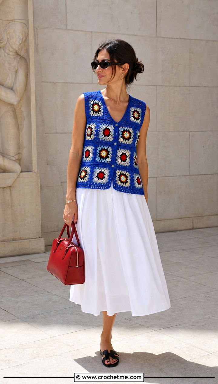 Granny Square Vest Top With Poplin Midi Skirt - 30 crochet granny square summer top outfit ideas