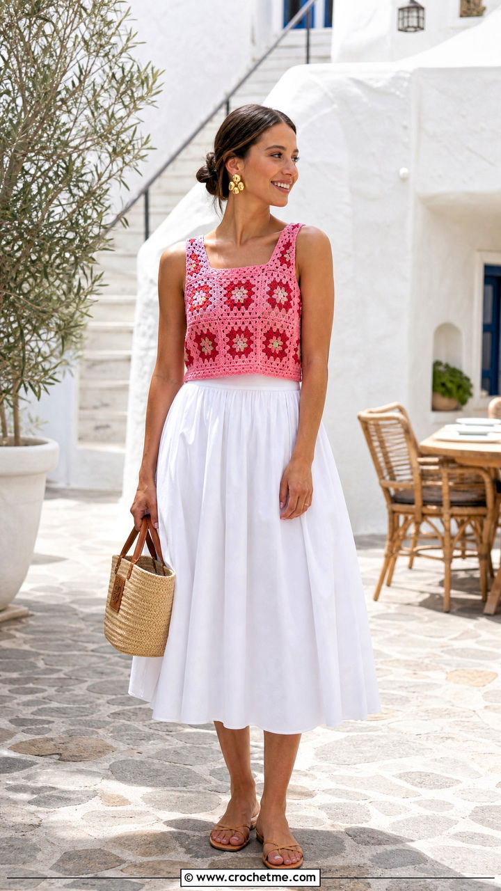 Granny Square Vest Top With Poplin Skirt - 35 crochet granny square tops outfit ideas