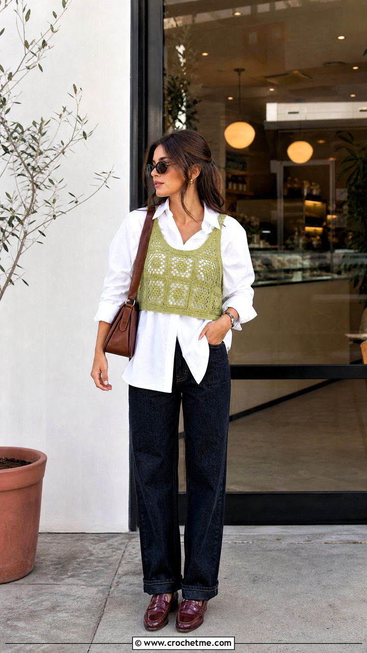 Granny Square Vest Top With White Button Down Shirt - 35 crochet granny square top outfit ideas