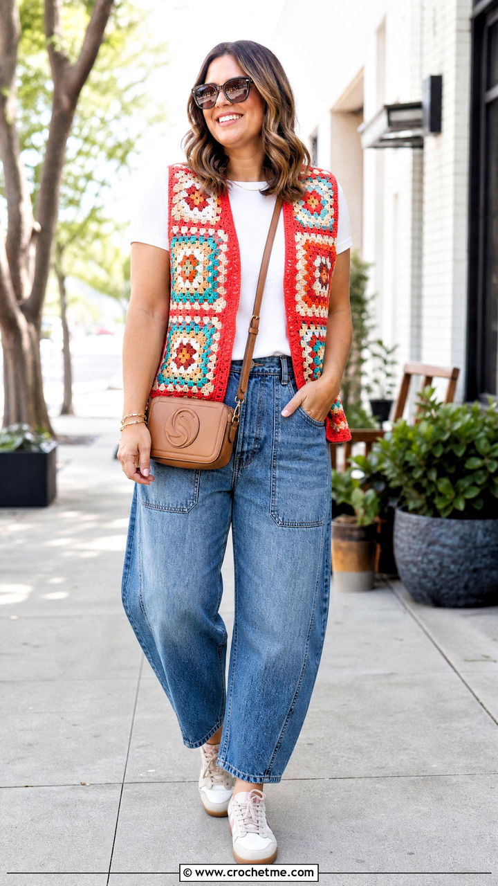 Granny Square Vest With Barrel Jeans - 35 crochet outfit ideas