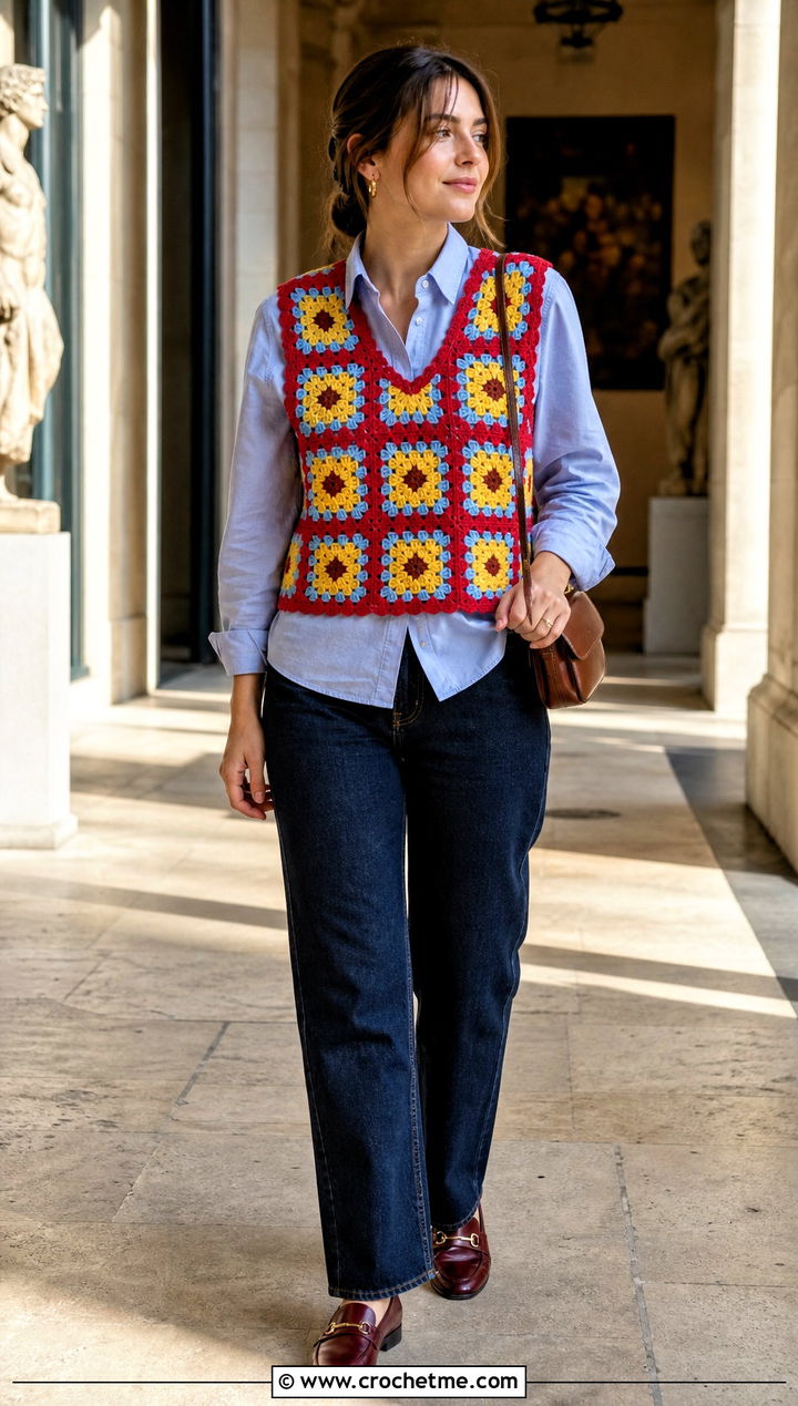 Granny Square Vest With Straight Leg Jeans - 30 full crochet outfit ideas