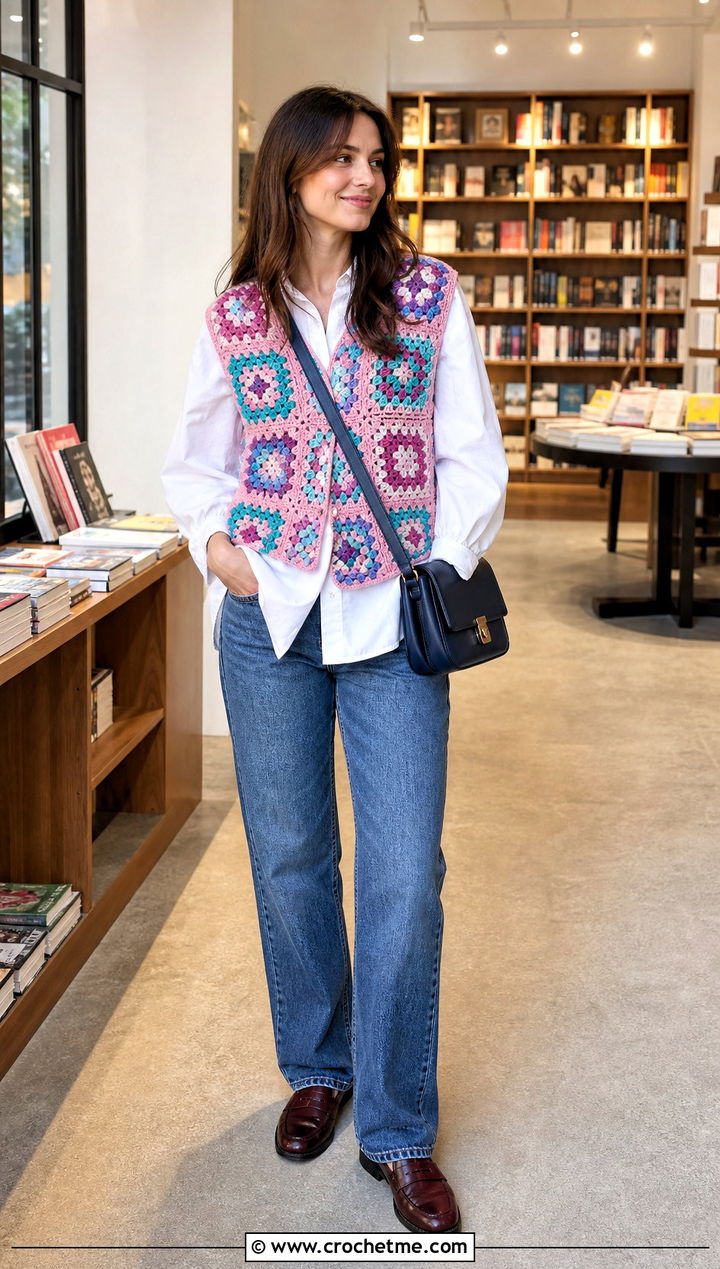 Granny Square Vest With White Shirt And Jeans - 25 unique crochet clothing and outfit ideas