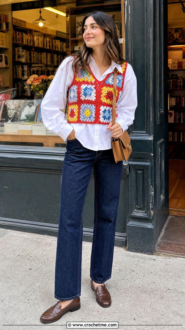 Granny Square Vest With White Shirt And Jeans - 35 crochet clothing and outfit ideas