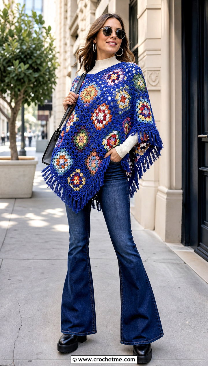 Granny Square Vintage Crochet Poncho With Flared Jeans - 15 Vintage Crochet Poncho outfit ideas