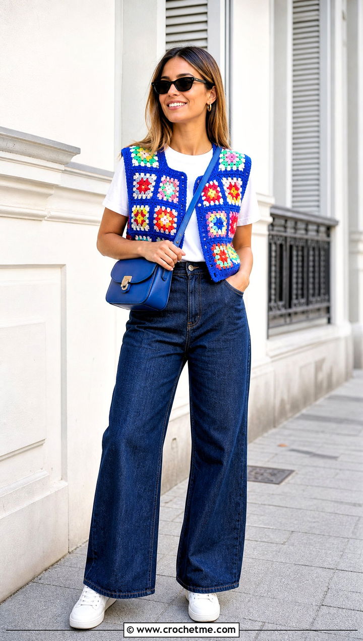 Granny Square Vintage Crochet Vest With Wide Leg Jeans - 25 Vintage Crochet Vest outfit ideas