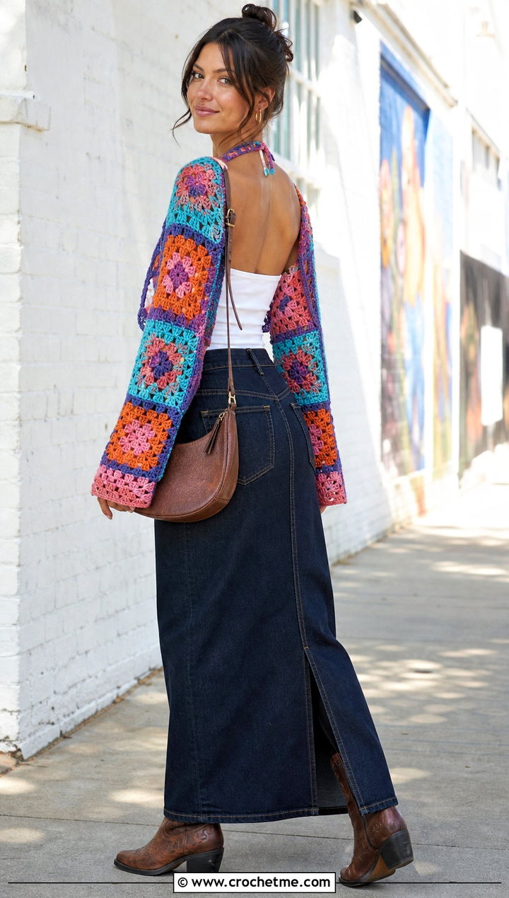 Granny Square Virgin Killer Crochet Sweater With Denim Maxi Skirt - 15 virgin killer crochet sweater outfit ideas