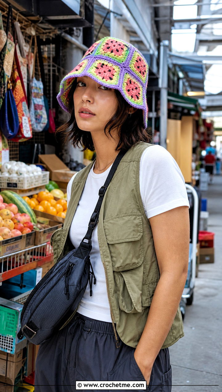 Granny Square Watermelon Bucket Hat With Utility Vest - 30 crochet watermelon hat outfit ideas