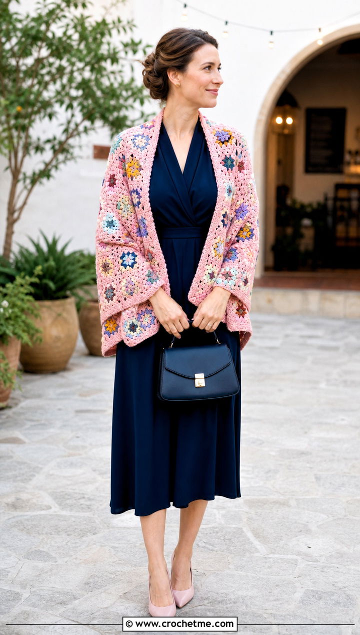 Granny Square Wedding Shawl With Crepe Midi Dress - 35 crochet wedding shawl outfit ideas