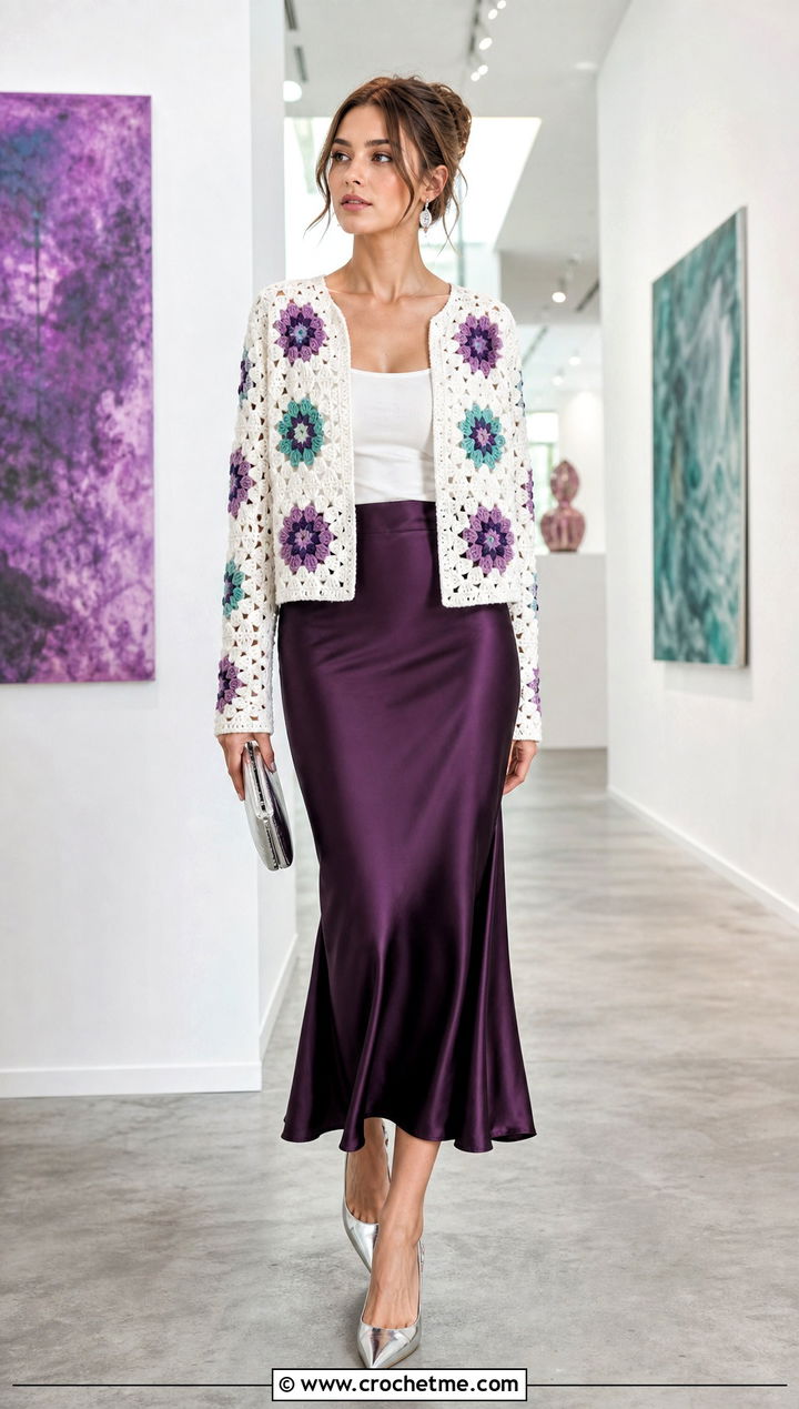 Granny Square White Crochet Cardigan With Satin Slip Skirt - 15 white crocheted cardigan on table outfit ideas