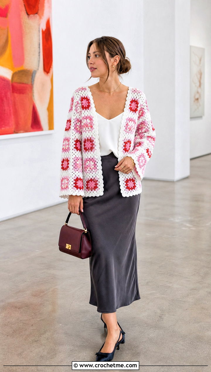 Granny Square White Crochet Cardigan With Satin Slip Skirt - 35 crochet white cardigan outfit ideas