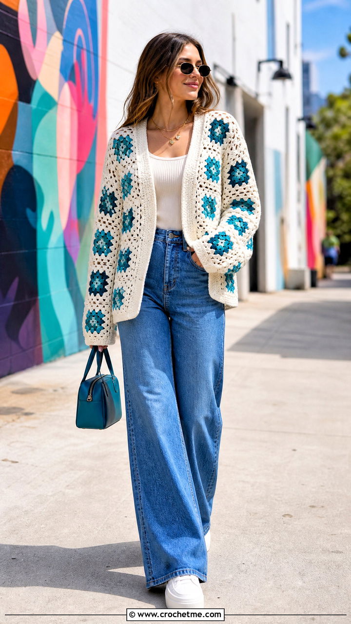 Granny Square White Crochet Cardigan With Wide Leg Jeans - 35 White Crochet Cardigan Outfit ideas