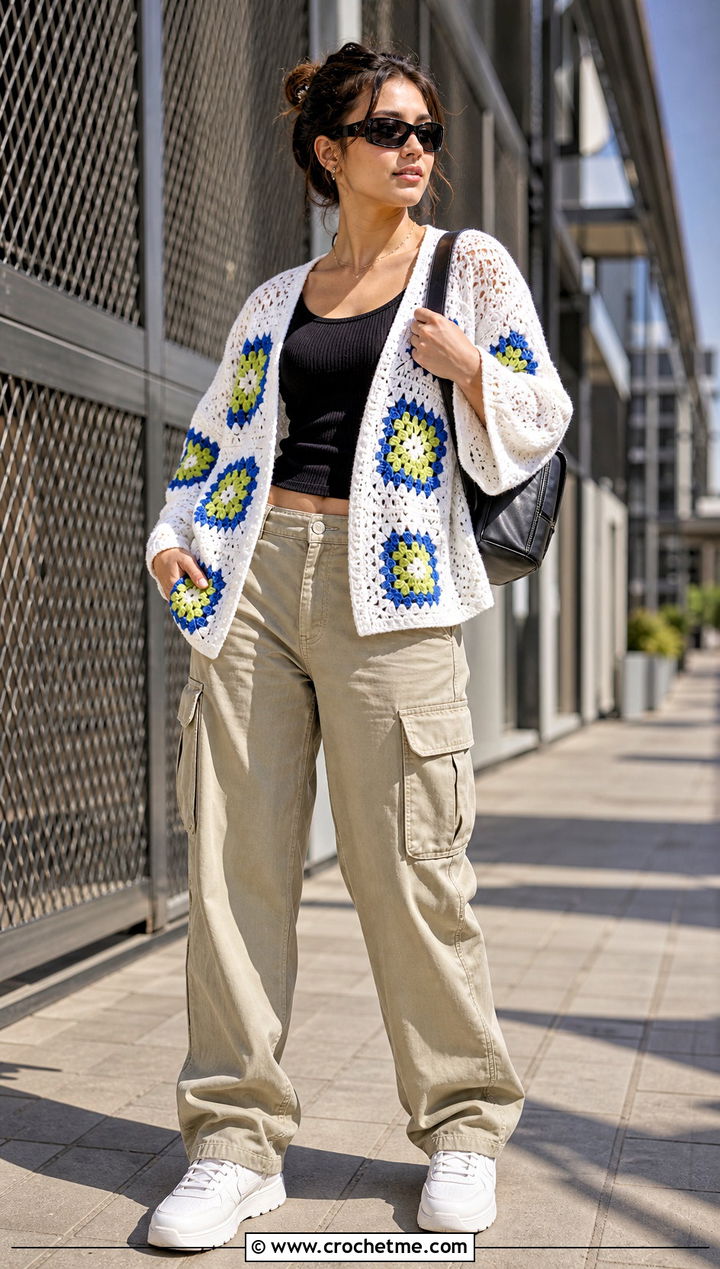 Granny Square White Crochet Kimono With Cargo Pants - 15 White Crochet Kimono outfit ideas