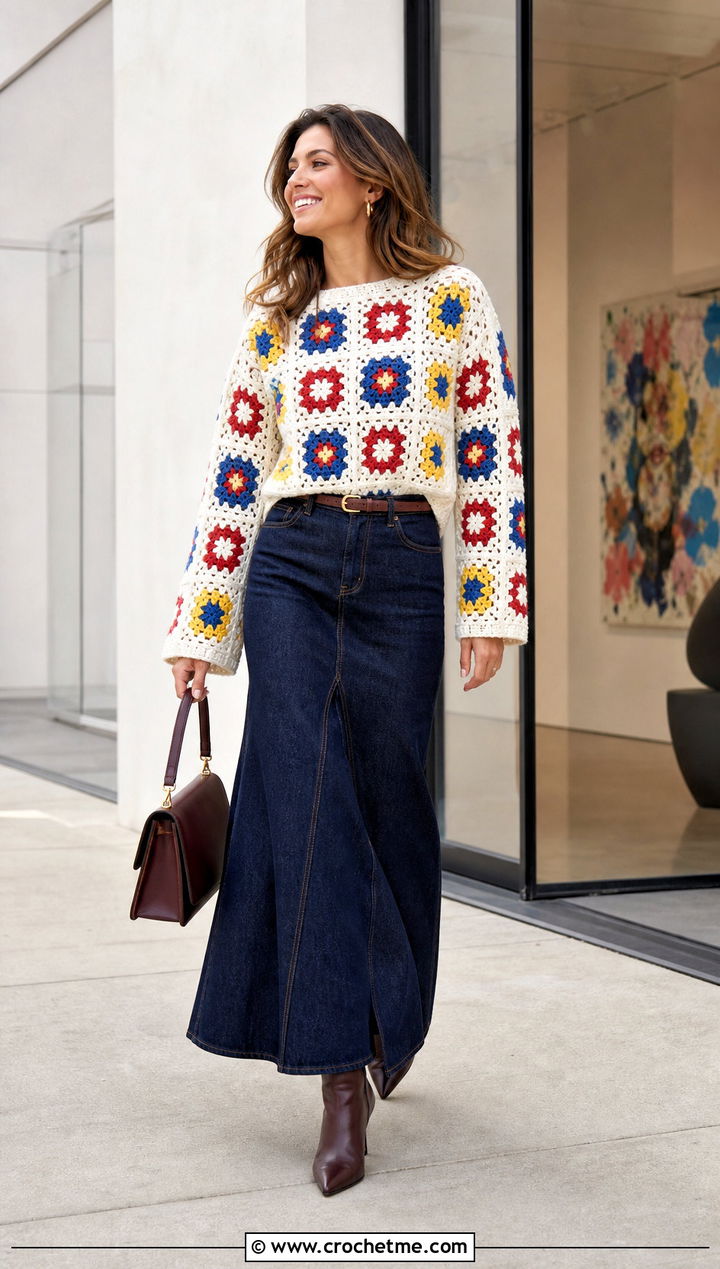 Granny Square White Crochet Sweater With Denim Maxi Skirt - 35 crochet white sweater outfit ideas