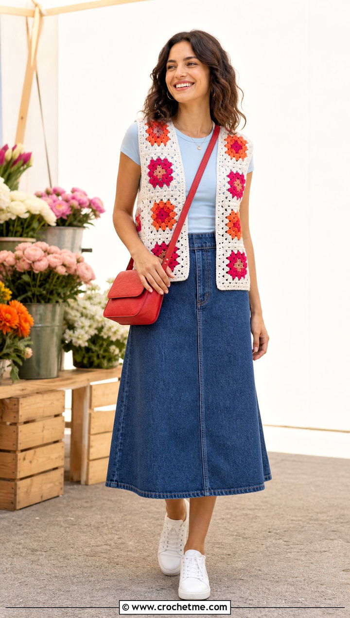 Granny Square White Crochet Vest With Denim Skirt - 35 white crochet vest outfit ideas