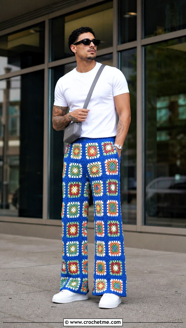 Granny Square Wide Leg Crochet Pants With White T Shirt - 15 crochet men pants outfit ideas