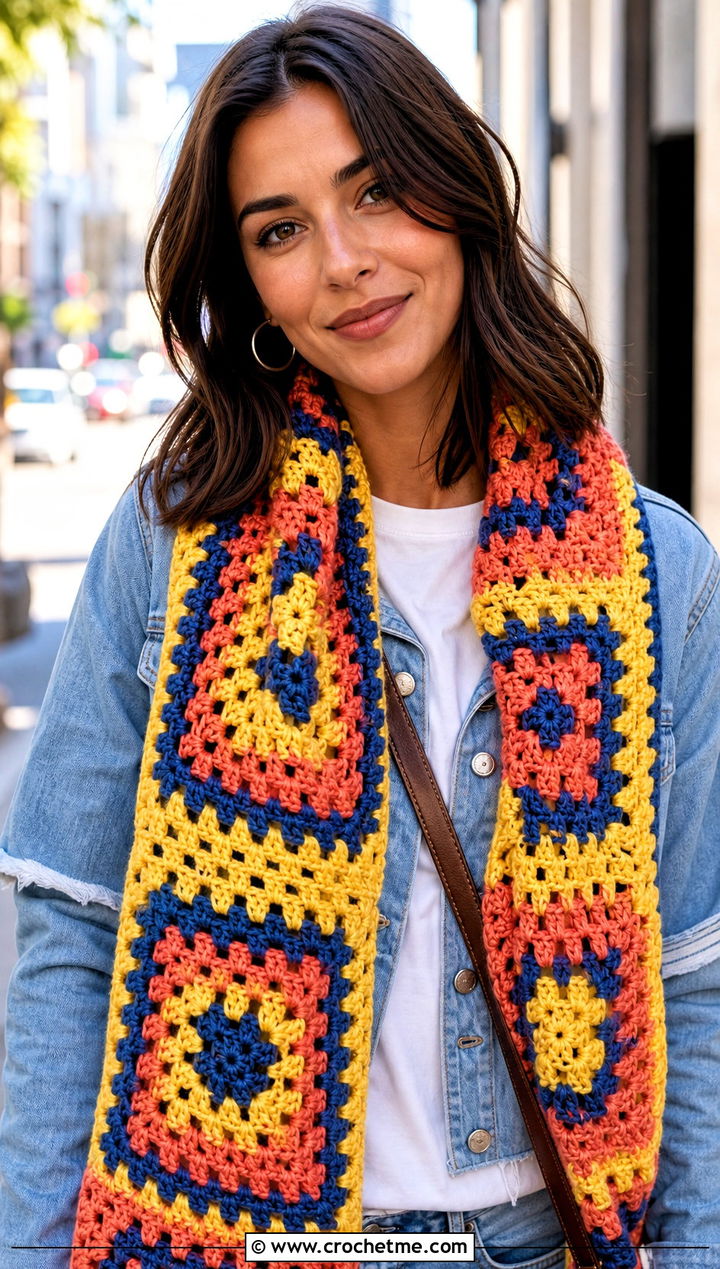 Granny Square Wide Scarf With Denim Jacket And Jeans - 20 Crochet Wide Scarf outfit ideas