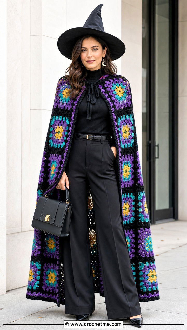 Granny Square Witch Cape With Tailored Trousers - 30 crochet witch costume outfit ideas