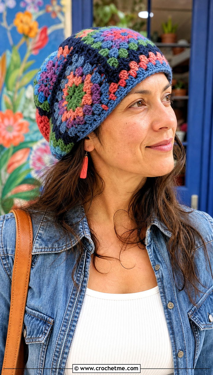 Granny Square Wool Crochet Hat With Double Denim - 25 Wool Crochet Hat outfit ideas