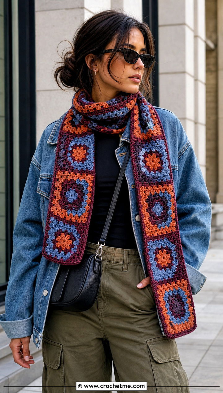 Granny Square Worsted Weight Crochet Scarf With Denim Jacket - 20 Crochet Scarf Worsted Weight Yarn outfit ideas