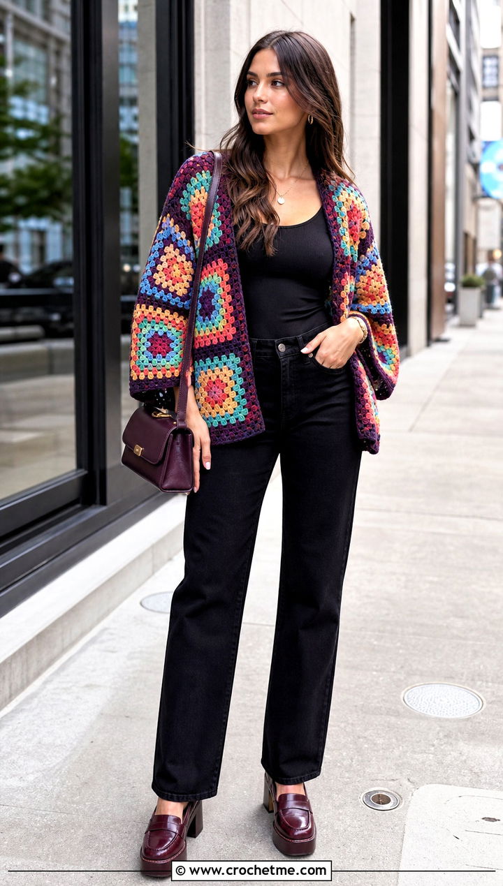 Granny Square Wrap Around Shrug With Black Jeans - 25 crochet wrap around shrug with sleeves outfit ideas