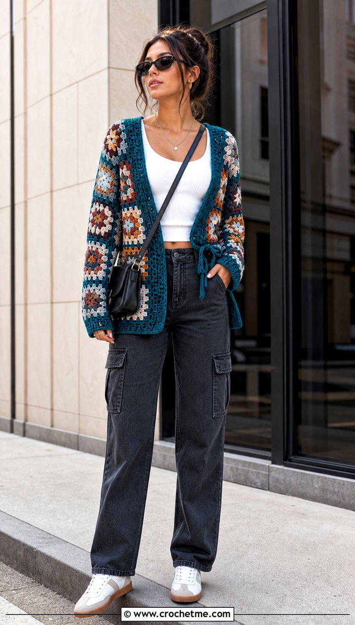 Granny Square Wrap Crochet Cardigan With Cargo Pants - 30 wrap crochet cardigan outfit ideas