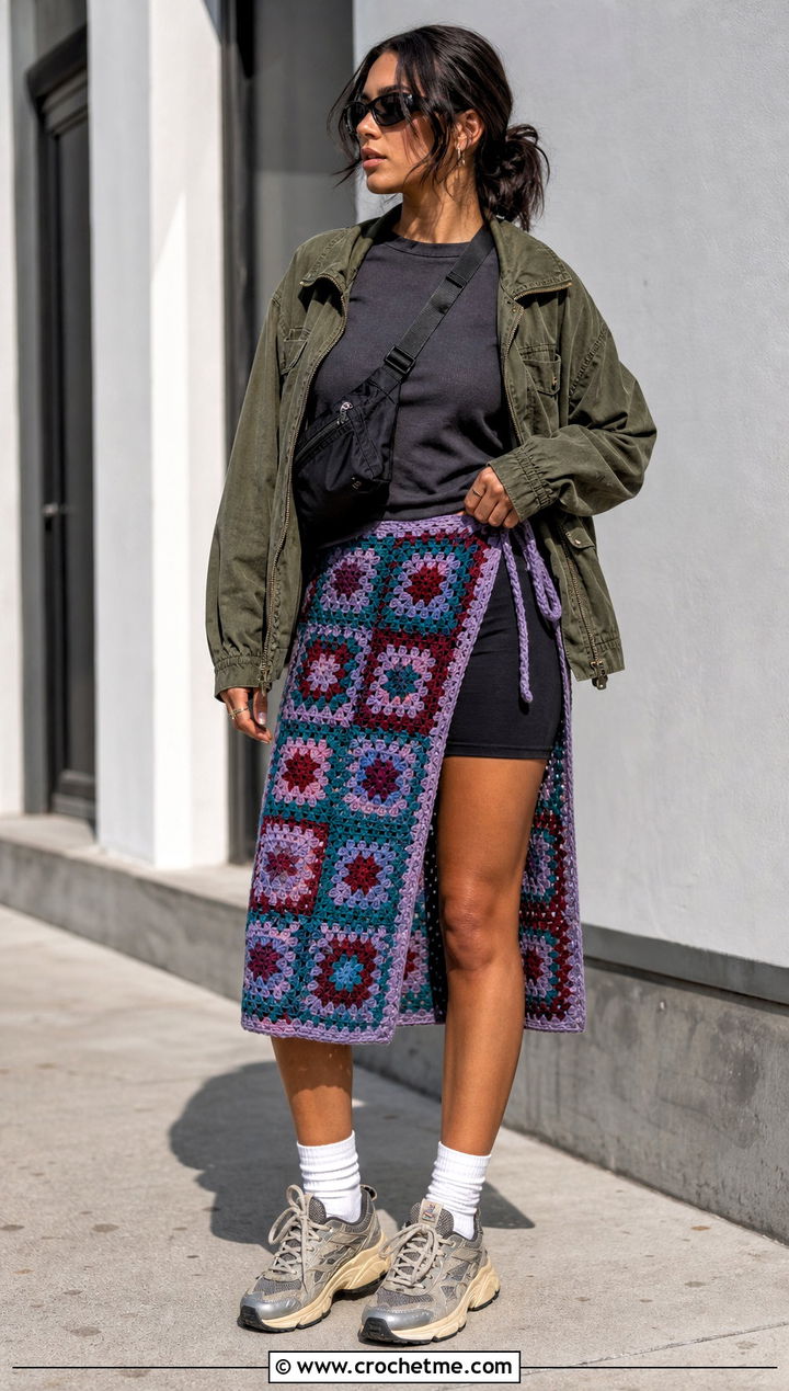 Granny Square Wrap Crochet Skirt With Cargo Jacket - 15 wrap crochet skirt outfit ideas