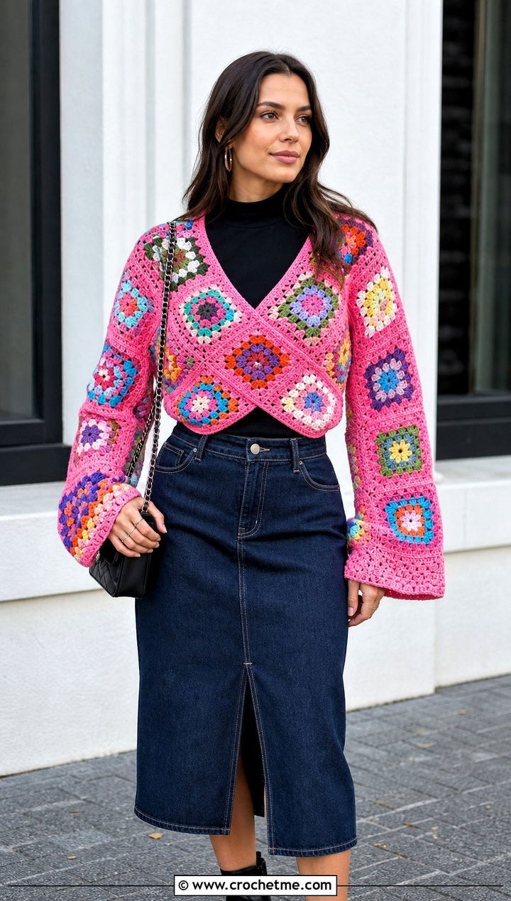 Granny Square Wrap Me Up Crochet Sweater Scarf With Denim Skirt - 15 Wrap Me Up Crochet Sweater Scarf outfit ideas