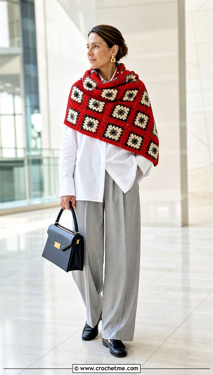 Granny Square Wrap Scarf With White Shirt And Trousers - 35 granny crochet scarf outfit ideas