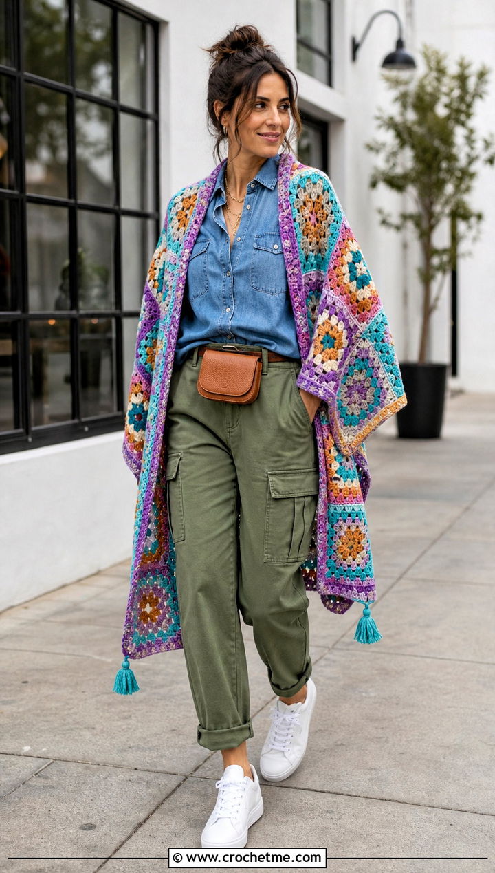 Granny Square Wrap With Cargo Pants - 25 beautiful crochet shawls and wraps outfit ideas
