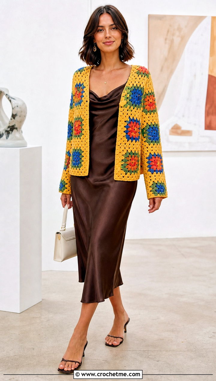Granny Square Yellow Crochet Cardigan With Slip Dress - 30 yellow crochet cardigan outfit ideas