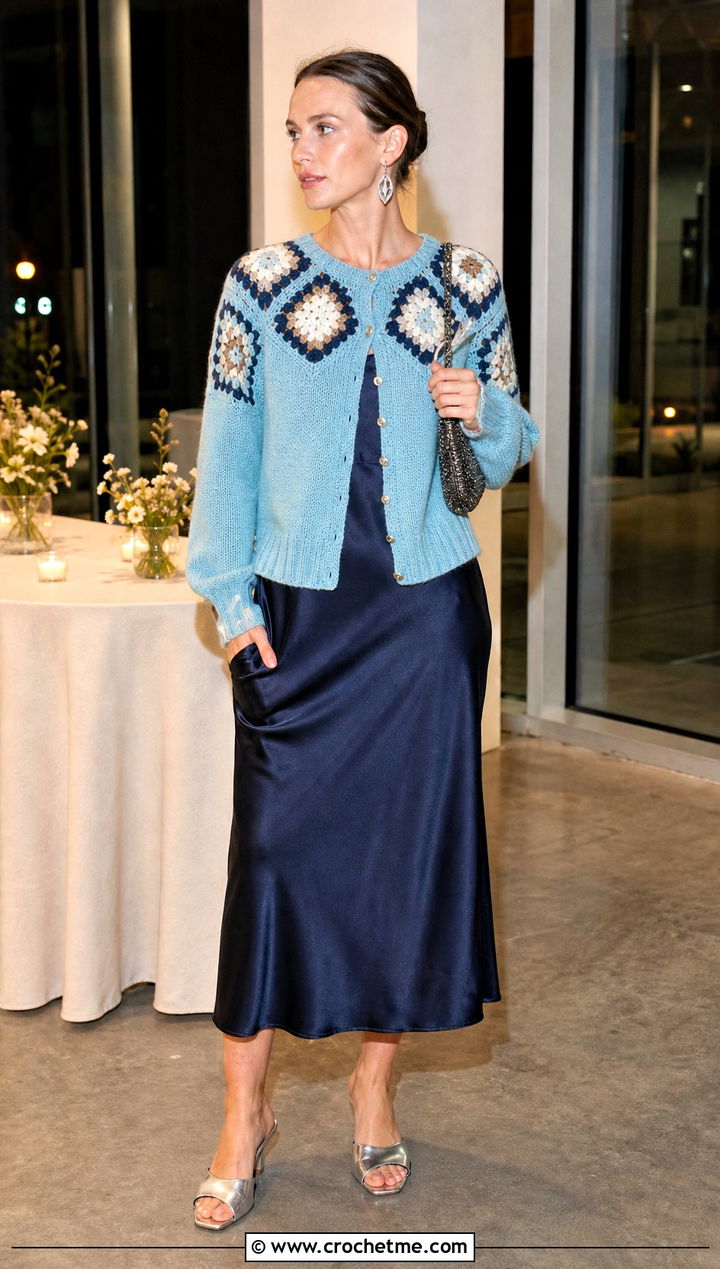 Granny Square Yoke Cardigan With Slip Dress - 35 granny square crochet cardigan jacket outfit ideas