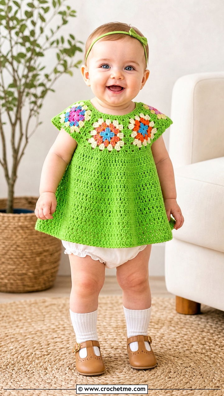 Granny Square Yoke Crochet Blessing Dress With Cotton Bloomers - 15 Crochet Blessing Dress outfit ideas