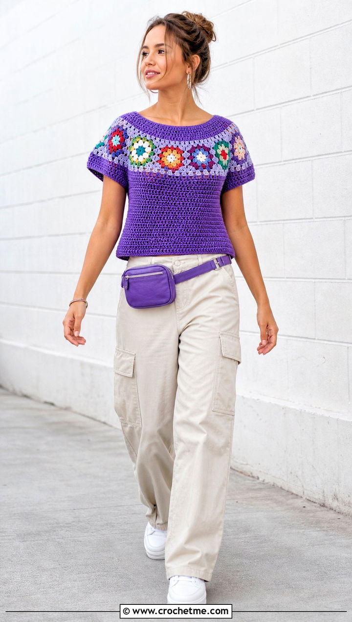 Granny Square Yoke Crochet Shirt With Cargo Pants - 15 Crochet Yoke Shirt outfit ideas