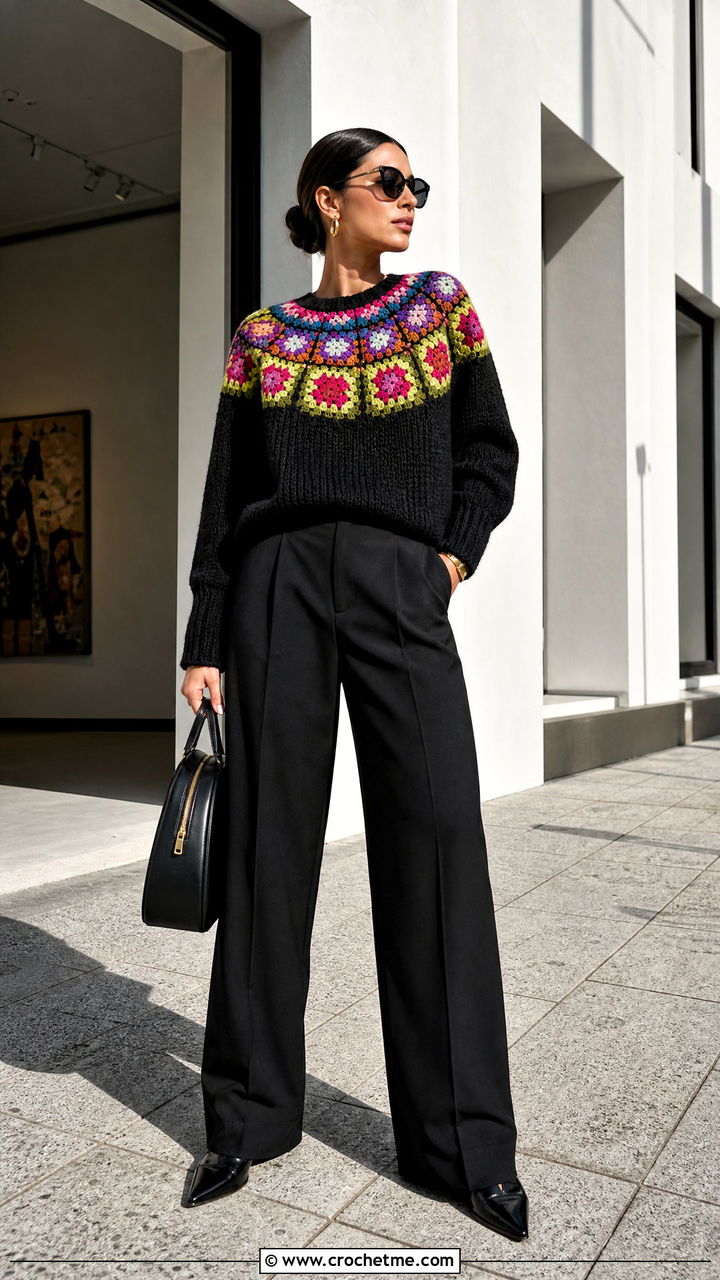 Granny Square Yoke Crochet Sweater With Black Trousers - 35 top down crochet sweater outfit ideas