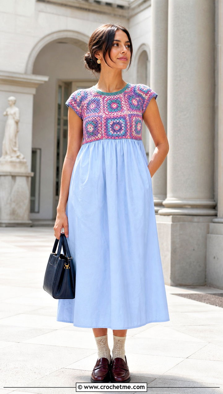 Granny Square Yoke Poplin Dress With Loafers - 25 fabric and crochet dress outfit ideas