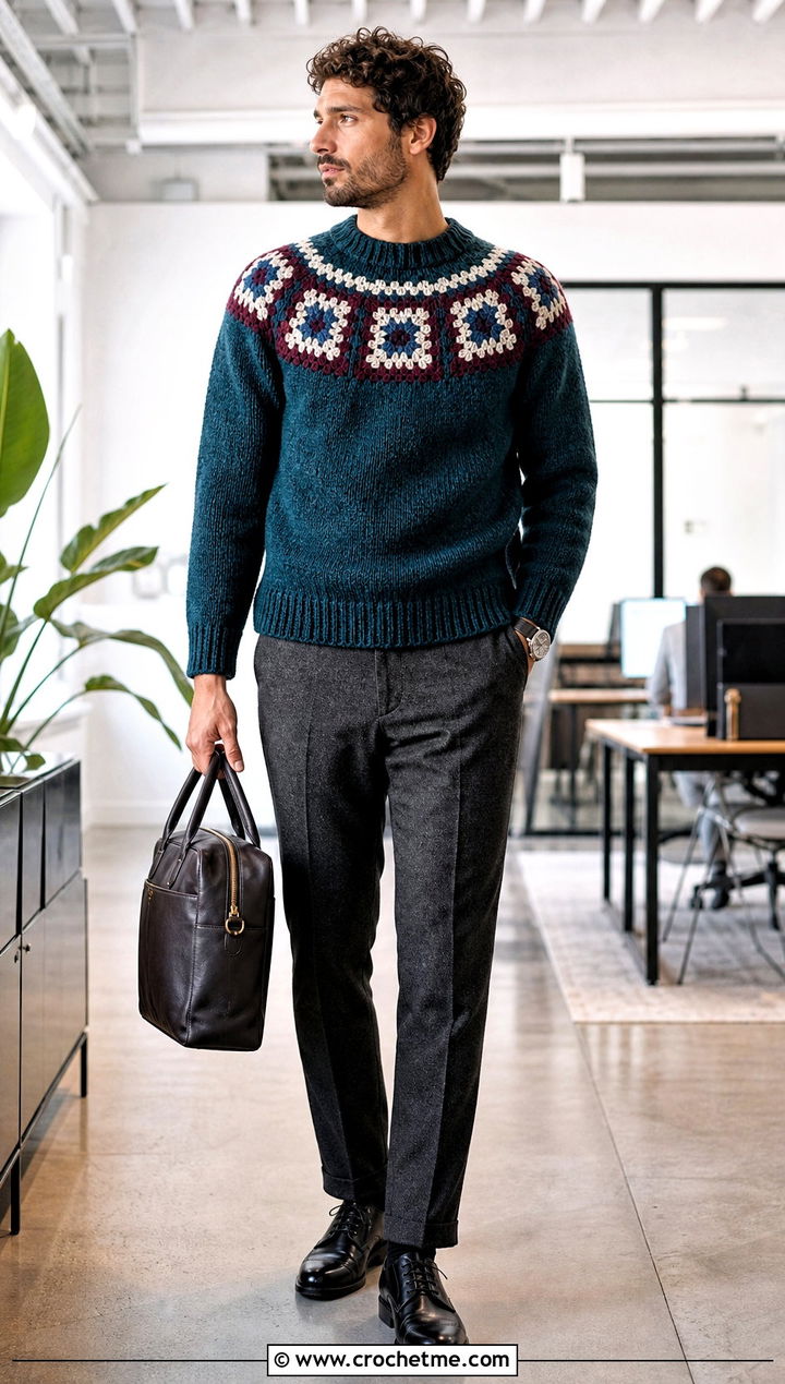 Granny Square Yoke Sweater With Suit Trousers - 25 Crochet Granny Square Sweater For Men outfit ideas