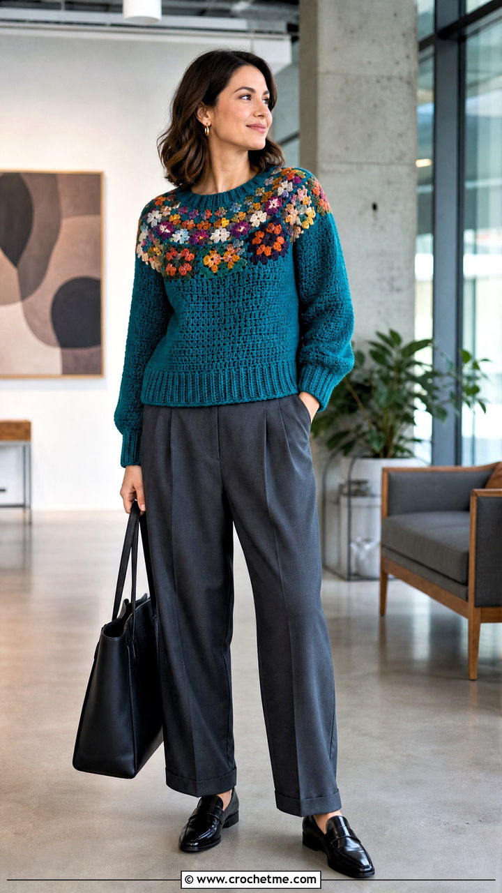 Granny Square Yoke Sweater With Tailored Trousers - 35 crochet granny stitch sweater outfit ideas