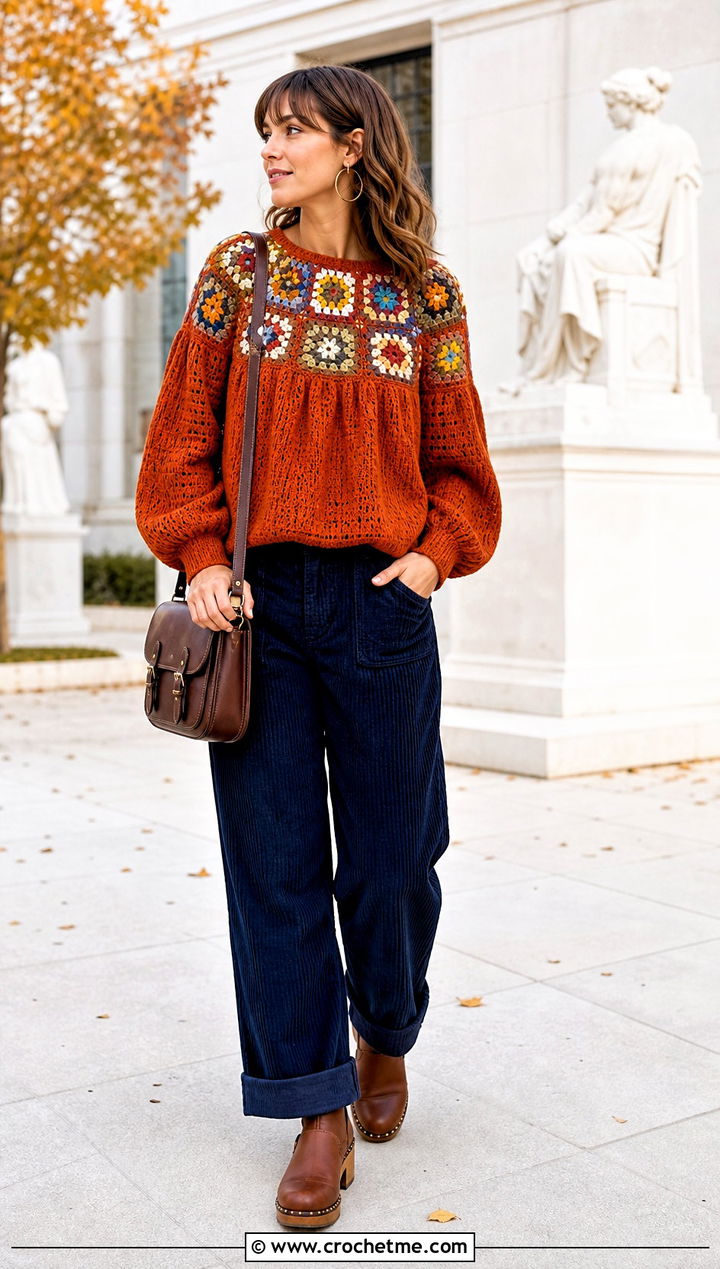 Granny Square Yoke Top With Corduroy Pants - 35 granny square crochet top outfit ideas