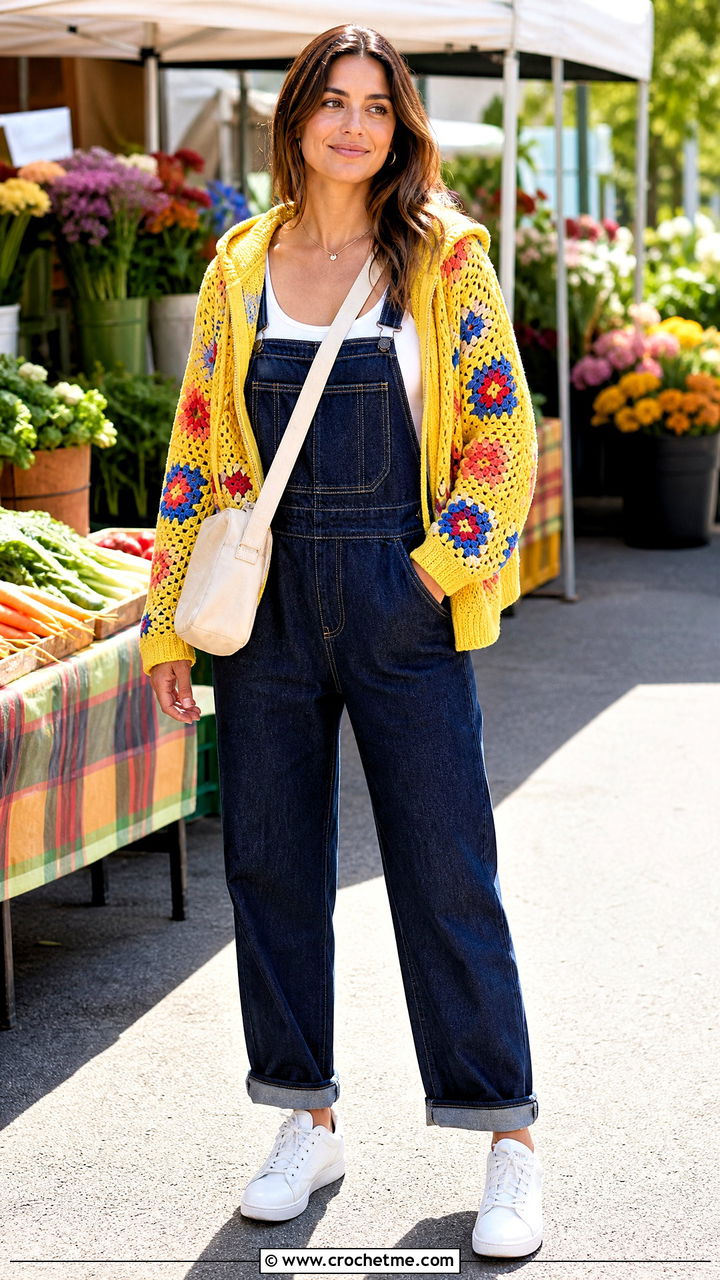 Granny Square Zip Hoodie With Denim Overalls - 35 granny square hoodie outfit ideas