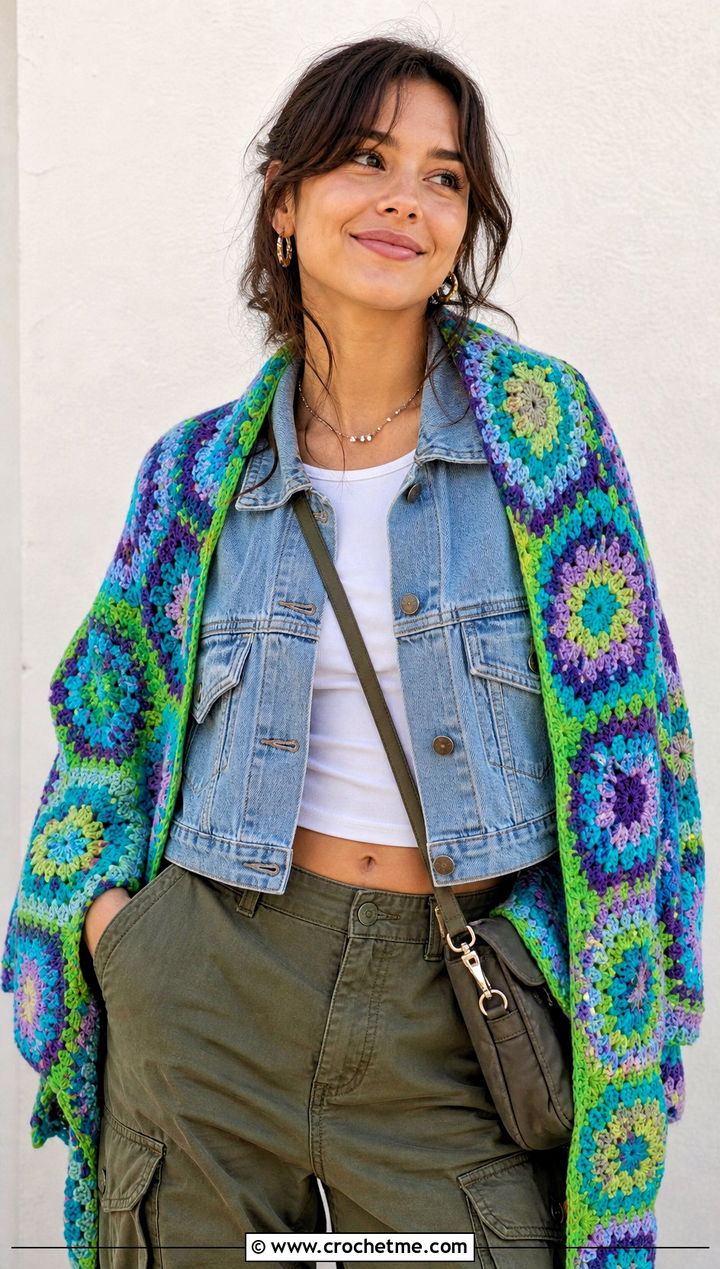 Granny Star Motif Crochet Shawl With Cargo Pants - 30 star crochet shawl outfit ideas