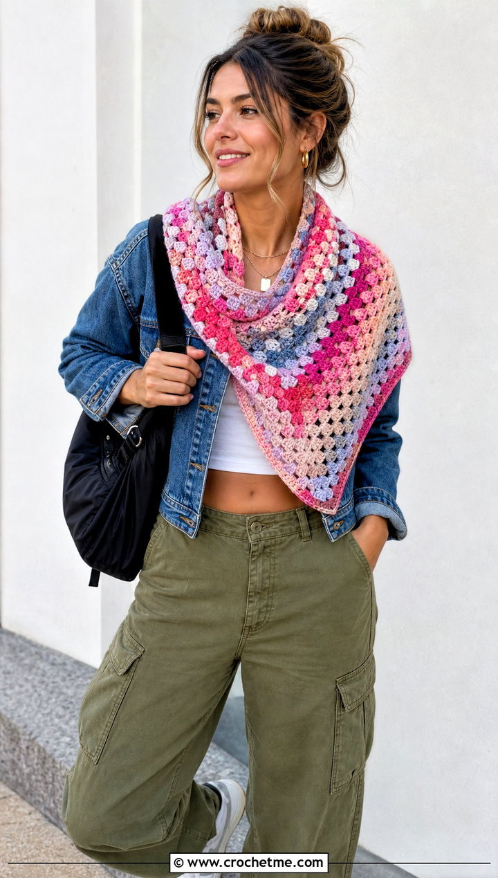 Granny Stitch Skein Crochet Shawl With Denim Jacket And Cargo Pants - 15 Easy 1 Skein Crochet Shawl outfit ideas