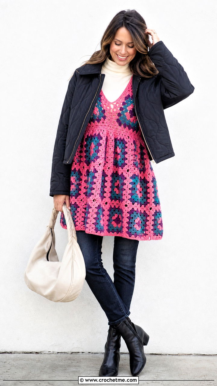 Granny Stitch Babydoll Crochet Winter Dress With Slim Jeans - 35 crochet winter dress outfit ideas